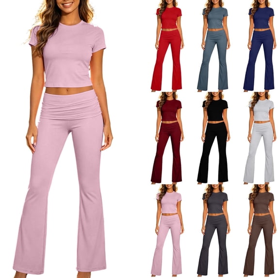 DYTTDG Women's 2-Piece Crop Top & Flare Pants Set | High Waist Ruched Loungewear & Activewear Outfit, Matching Casual Set