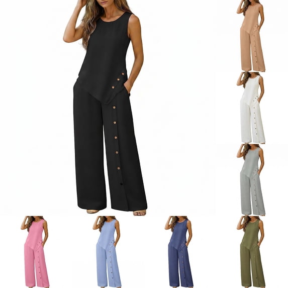 DYTTDG Women's 2-Piece Linen Blend Outfit | Sleeveless Round Neck Top & Button Detail Wide Leg Pants Set, Casual Summer Matching Set