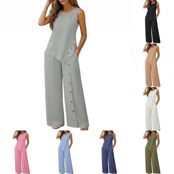 DYTTDG Women's 2-Piece Linen Blend Outfit | Sleeveless Round Neck Top & Button Detail Wide Leg Pants Set, Casual Summer Matching Set