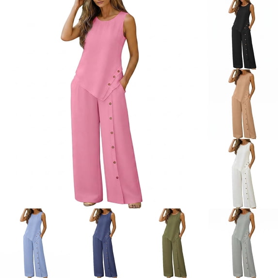 DYTTDG Women's 2-Piece Linen Blend Outfit | Sleeveless Round Neck Top & Button Detail Wide Leg Pants Set, Casual Summer Matching Set