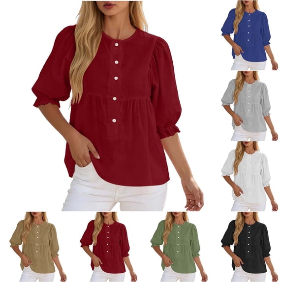 DYTTDG Women's Babydoll Blouse | Elbow Puff Sleeve Round Neck Top, Button Down Casual Summer Breathable Blouse for Daily & Vacation Wear