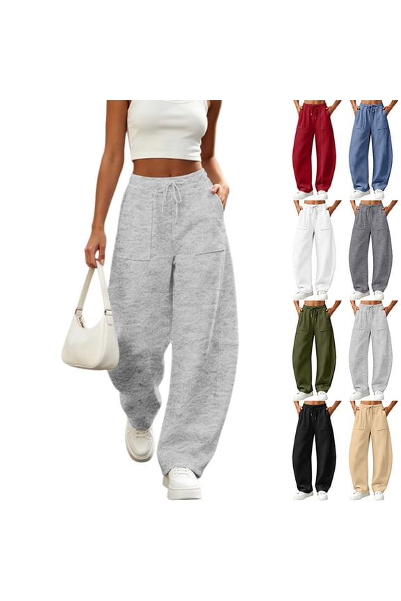 Women's Barrel Leg Sweatpants, Drawstring Elastic High Waist Loose Casual Trousers with Big Patch Pockets for Daily Loungewear