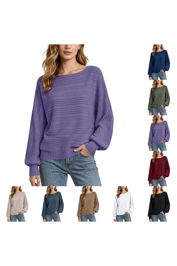 Women's Boat Neck Ribbed Knit T-Shirt Top, Solid Color Batwing Sleeve Loose Pullover Knit Top for Fall and Winter