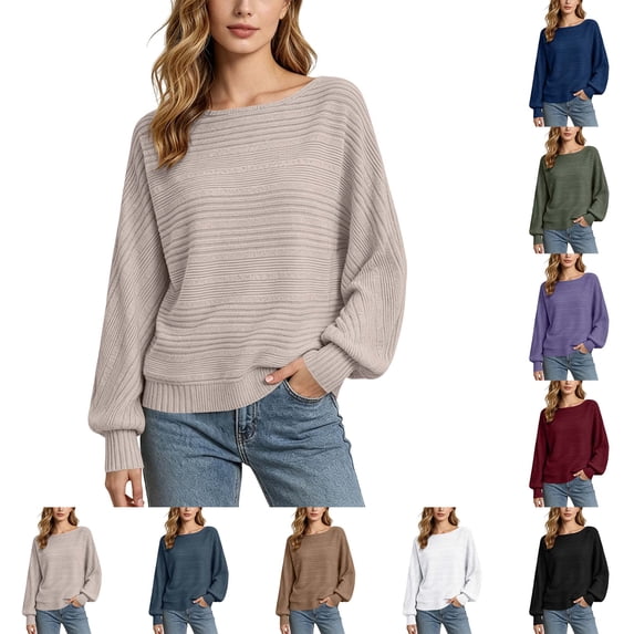 DYTTDG Women's Boat Neck Ribbed Knit T-Shirt Top, Solid Color Batwing Sleeve Loose Pullover Knit Top for Fall and Winter