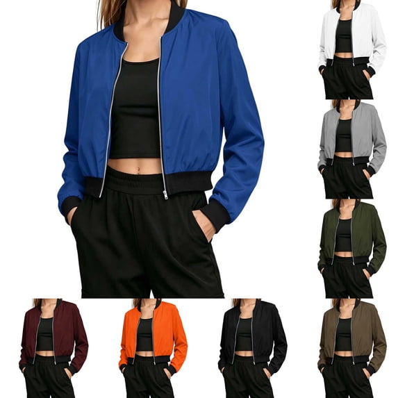 DYTTDG Women's Bomber Jacket Zip-Up Stand Collar Long Sleeve Solid Casual Lightweight Ribbed Cuffs Hem Short Outerwear