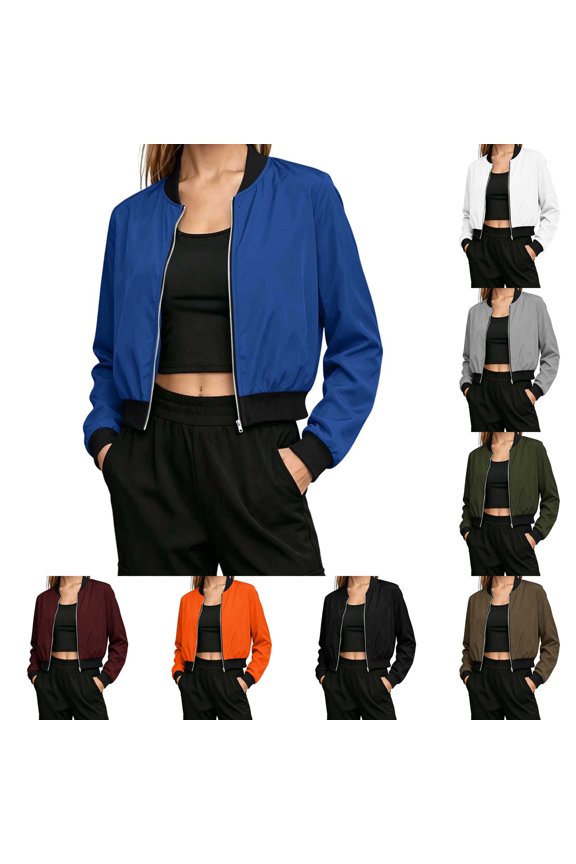 Women's Bomber Jacket Zip-Up Stand Collar Long Sleeve Solid Casual Lightweight Ribbed Cuffs Hem Short Outerwear