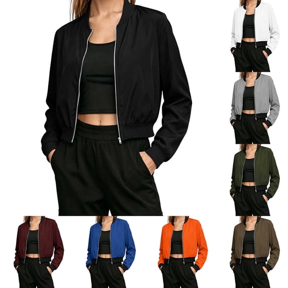 DYTTDG Women's Bomber Jacket Zip-Up Stand Collar Long Sleeve Solid Casual Lightweight Ribbed Cuffs Hem Short Outerwear