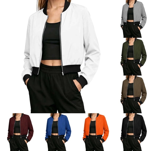 DYTTDG Women's Bomber Jacket Zip-Up Stand Collar Long Sleeve Solid Casual Lightweight Ribbed Cuffs Hem Short Outerwear