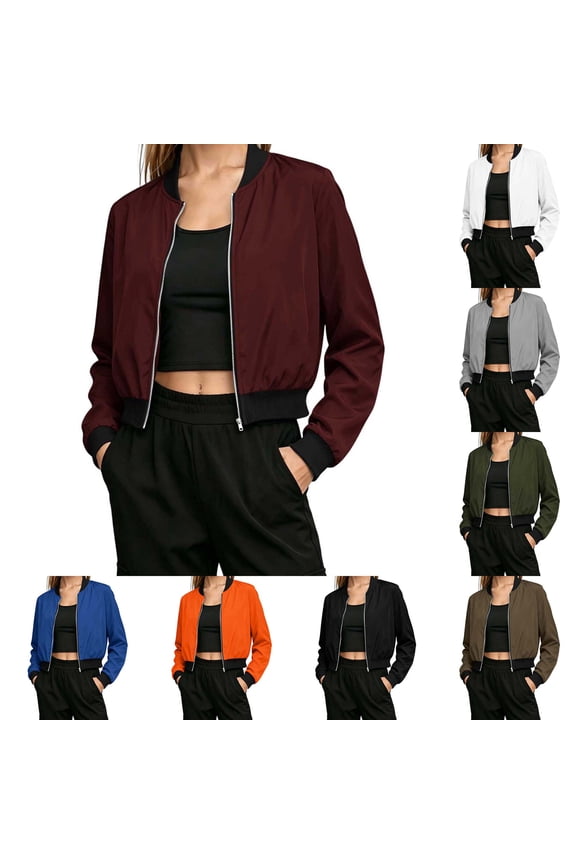 Women's Bomber Jacket Zip-Up Stand Collar Long Sleeve Solid Casual Lightweight Ribbed Cuffs Hem Short Outerwear
