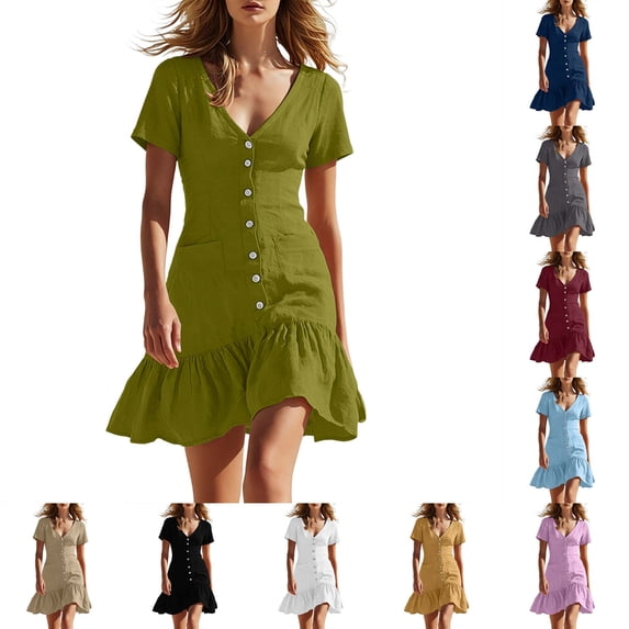DYTTDG Women's Button-Front Ruffled Hem Mini Dress | V-Neck Short Sleeve Casual Summer Dress with Pockets, Flowy Shirt Dress