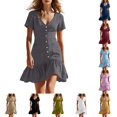 thumbnail image 1 of DYTTDG Women's Button-Front Ruffled Hem Mini Dress | V-Neck Short Sleeve Casual Summer Dress with Pockets, Flowy Shirt Dress, 1 of 8