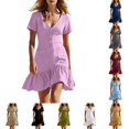 thumbnail image 1 of DYTTDG Women's Button-Front Ruffled Hem Mini Dress | V-Neck Short Sleeve Casual Summer Dress with Pockets, Flowy Shirt Dress, 1 of 8