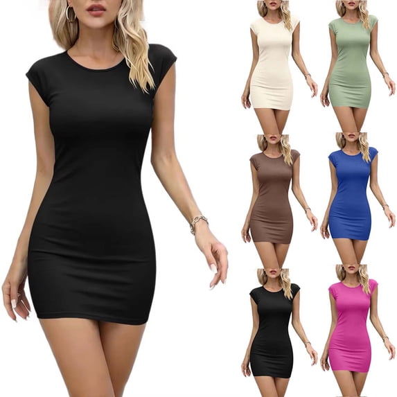 DYTTDG Women's Cap Sleeve Bodycon Mini Dress, Crew Neck Solid Color Form-Fitting Casual Dress for Wedding Party & Daily Wear