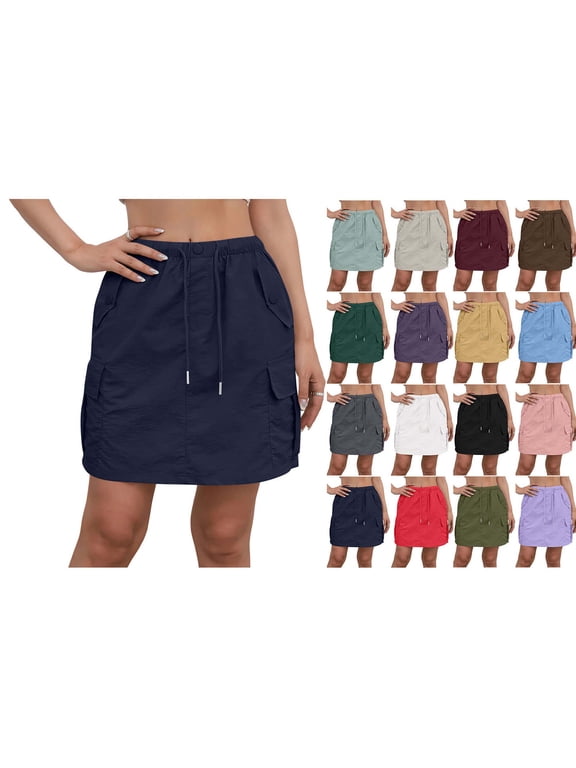 Women's Casual Cargo Skirt, Elastic Waist Drawstring Button Pocket Solid Skirt for Daily Wear & Outdoor Activities