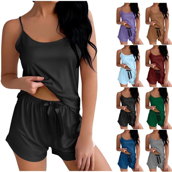 DYTTDG Women's Casual Silk-Like Suspender Pajama Set with Shorts | Soft Camisole Top and Elastic Waist Shorts for Comfortable Sleepwear & Loungewear