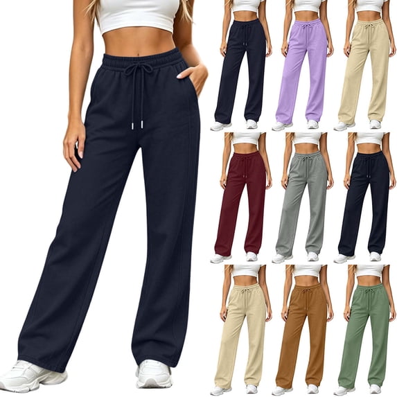 DYTTDG Women's Casual Sweatpants Elastic High Waist with Drawstring Pockets Solid Color Wide Leg Relaxed Fit Trousers