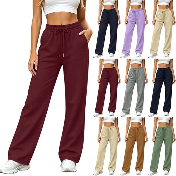 DYTTDG Women's Casual Sweatpants Elastic High Waist with Drawstring Pockets Solid Color Wide Leg Relaxed Fit Trousers
