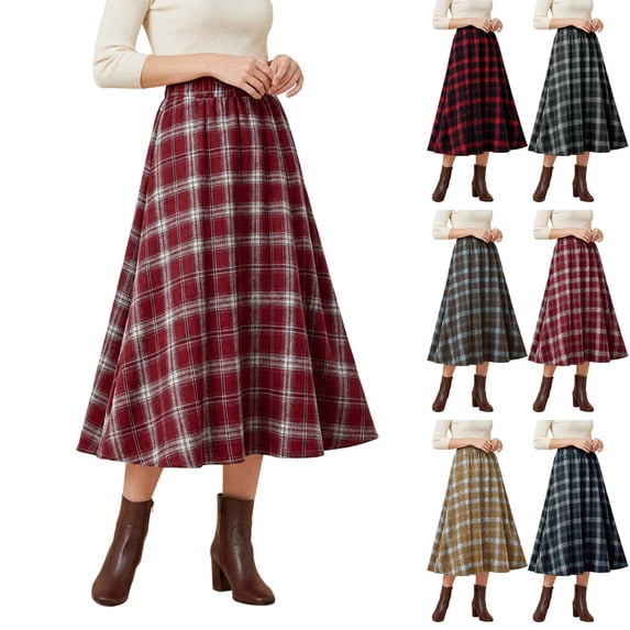 DYTTDG Women's Classic Plaid High-Waist A-Line Midi Skirt | Elastic Waist Mid-Calf Flared Skirt, Casual Spring-Fall Outer Bottom for Daily & Vacation Occasions
