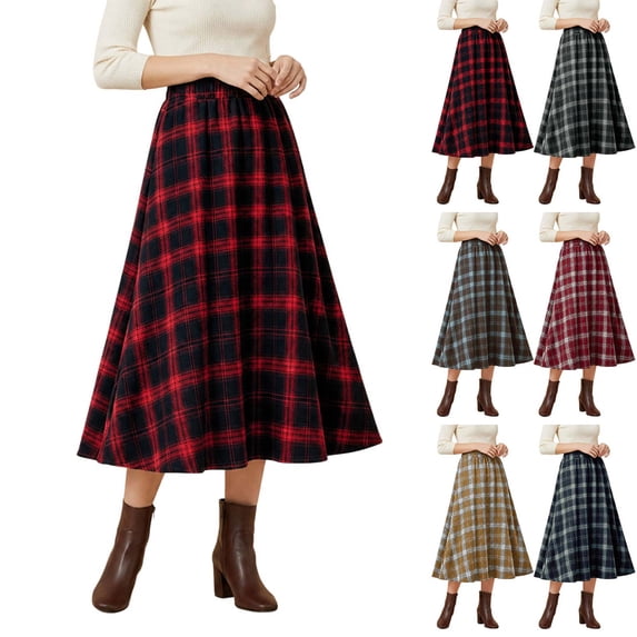 DYTTDG Women's Classic Plaid High-Waist A-Line Midi Skirt | Elastic Waist Mid-Calf Flared Skirt, Casual Spring-Fall Outer Bottom for Daily & Vacation Occasions