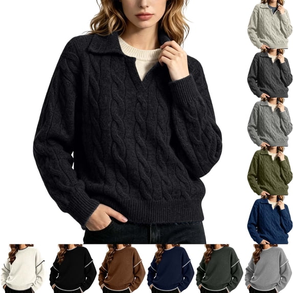 DYTTDG Women's Collared V‑Neck Cable Knit Pullover Sweater, Long Sleeve Loose Fit Solid Color Casual Knit Top for Fall Winter Daily Outfits
