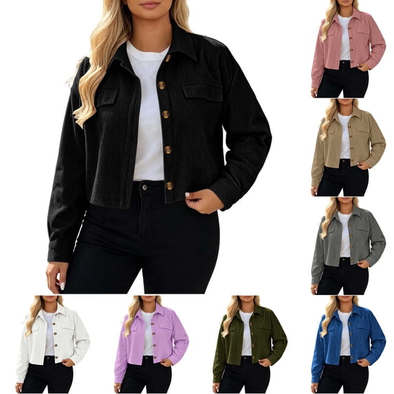 DYTTDG Women's Corduroy Cropped Shacket, Button Front Long Sleeve Jacket with Chest Pockets, Oversized Solid Color Coat for Fall