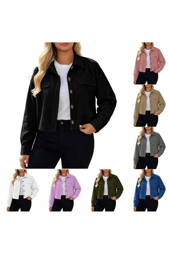 Women's Corduroy Cropped Shacket, Button Front Long Sleeve Jacket with Chest Pockets, Oversized Solid Color Coat for Fall