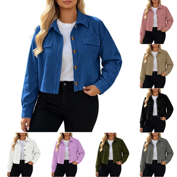 DYTTDG Women's Corduroy Cropped Shacket, Button Front Long Sleeve Jacket with Chest Pockets, Oversized Solid Color Coat for Fall