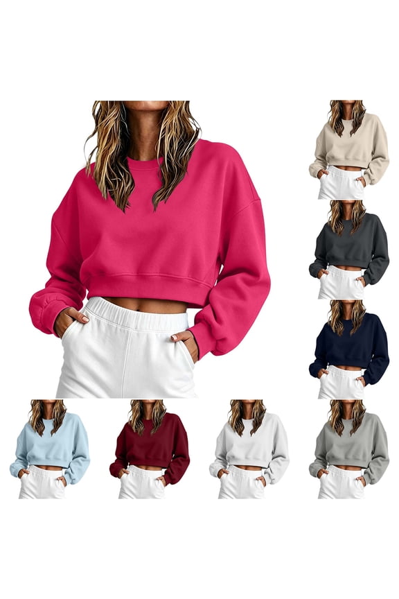 Women's Crew Neck Cropped Sweatshirt, Long Sleeve Loose Fit Casual Pullover Crop Top for Fall & Winter Loungewear