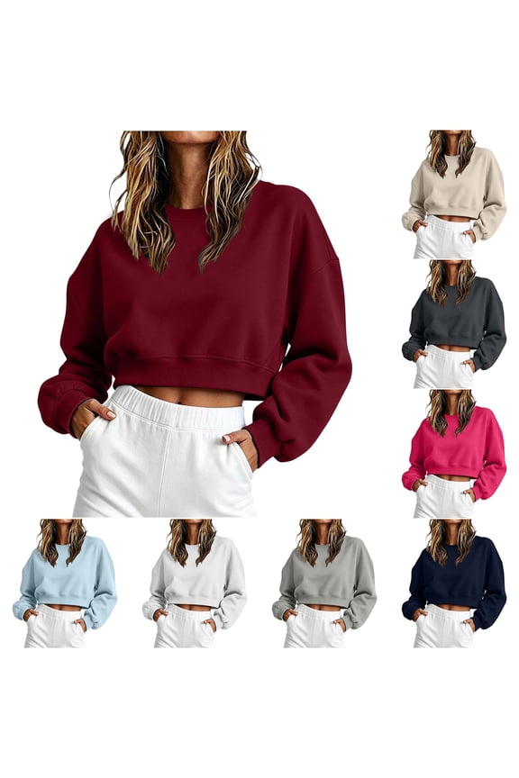 Women's Crew Neck Cropped Sweatshirt, Long Sleeve Loose Fit Casual Pullover Crop Top for Fall & Winter Loungewear
