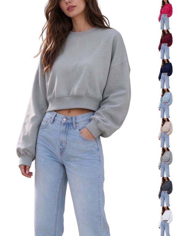 Cropped Sweatshirt for Women Crewneck Long Sleeve Loose Pullover Casual Fall Outfits