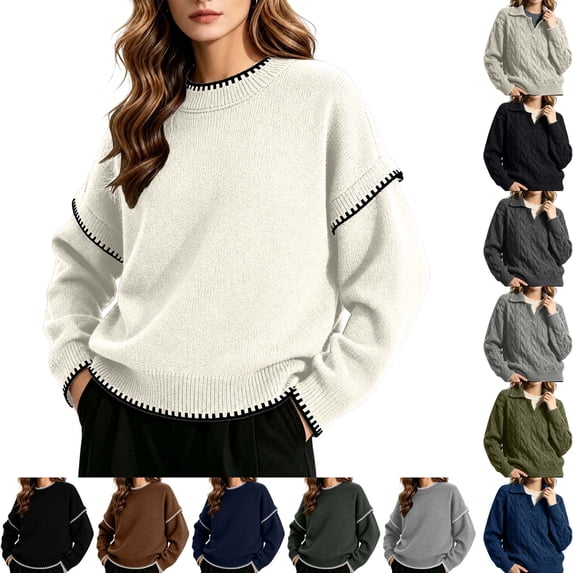 DYTTDG Women's Crew Neck Knit Pullover Sweater, Long Sleeve Contrast Stitch Loose Fit Solid Color Casual Knit Top for Fall Winter Daily Wear