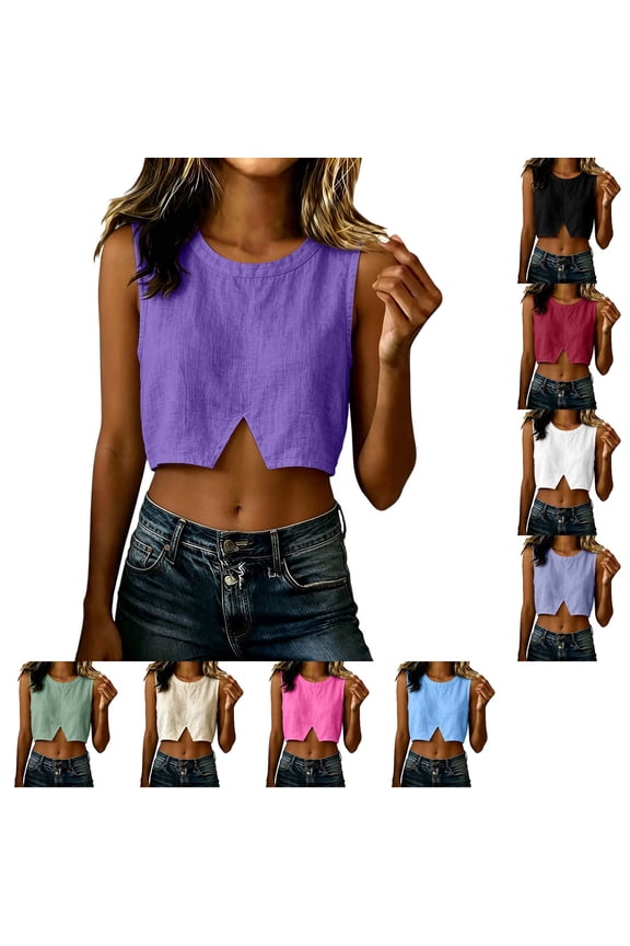 Women's Crew Neck Linen Crop Top, Sleeveless Split Hem Blouse, Casual Summer Retro Vintage Tank Top (S-3XL)