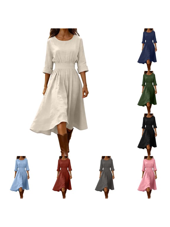 Women's Crew Neck Midi Dress | 3/4 Sleeve Cinched Waist A-Line Casual Swing Dress, Flowy Midi Length Day Dress