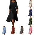 thumbnail image 1 of DYTTDG Women's Crew Neck Midi Dress | 3/4 Sleeve Cinched Waist A-Line Casual Swing Dress, Flowy Midi Length Day Dress, 1 of 8