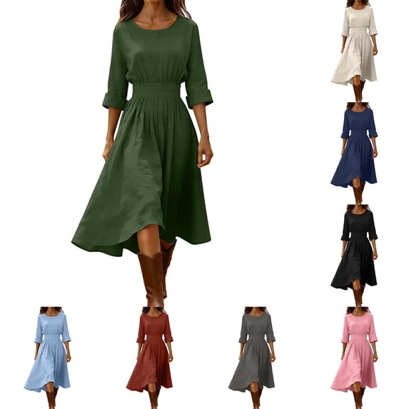 DYTTDG Women's Crew Neck Midi Dress | 3/4 Sleeve Cinched Waist A-Line Casual Swing Dress, Flowy Midi Length Day Dress