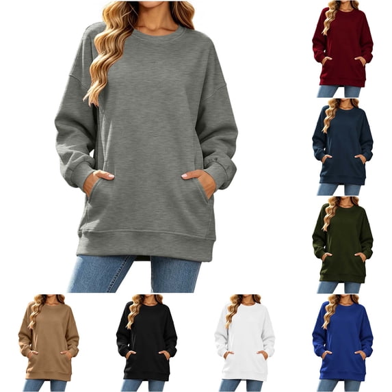 DYTTDG Women's Crew Neck Oversized Loose Fit Sweatshirt, Solid Color Long Sleeve Casual Pullover Top With Side Pockets And Ribbed Cuffs Hem (S-XXL)