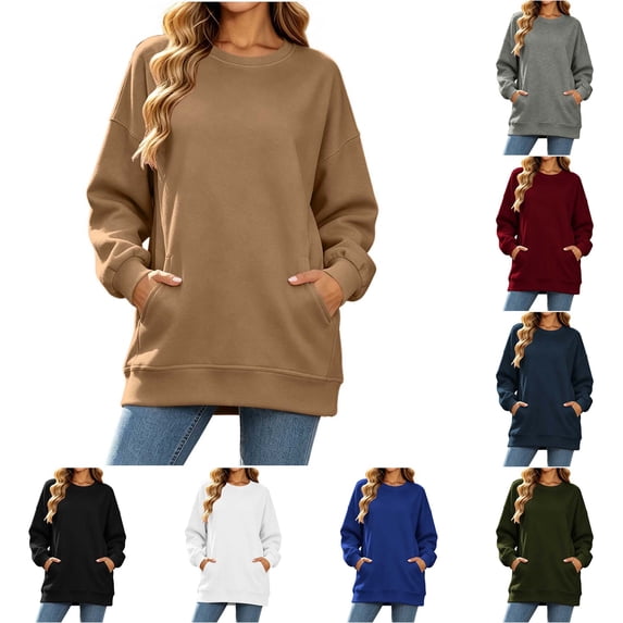 DYTTDG Women's Crew Neck Oversized Loose Fit Sweatshirt, Solid Color Long Sleeve Casual Pullover Top With Side Pockets And Ribbed Cuffs Hem (S-XXL)