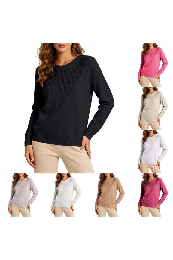 Women's Crew Neck Rhinestone Knit Sweater, Long Sleeve Solid Loose Fit Pullover Soft Base Layer Top for Spring Fall Winter Daily Top