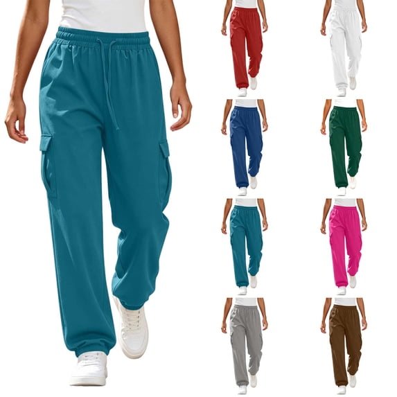 DYTTDG Women's Drawstring Elastic Waist Cargo Jogger Pants, Solid Color Loose Fit Casual Sweatpants with Side Cargo Pockets