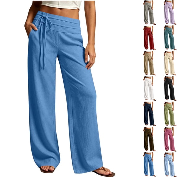 DYTTDG Women's Drawstring Wide Leg Pants | Elastic Waist Linen Blend Casual Summer Trousers with Pockets, Loose Fit Palazzo Pants