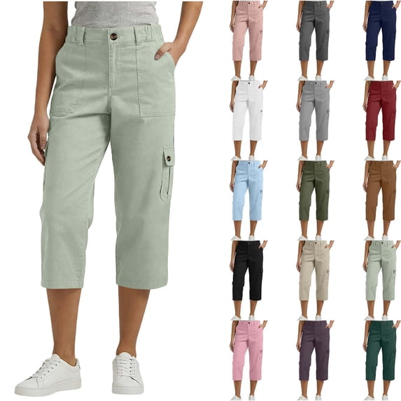 DYTTDG Women's Elastic Waist Cargo Capri Pants | Casual Solid Color Cropped Trousers with Multiple Pockets, Relaxed Fit Summer Pants
