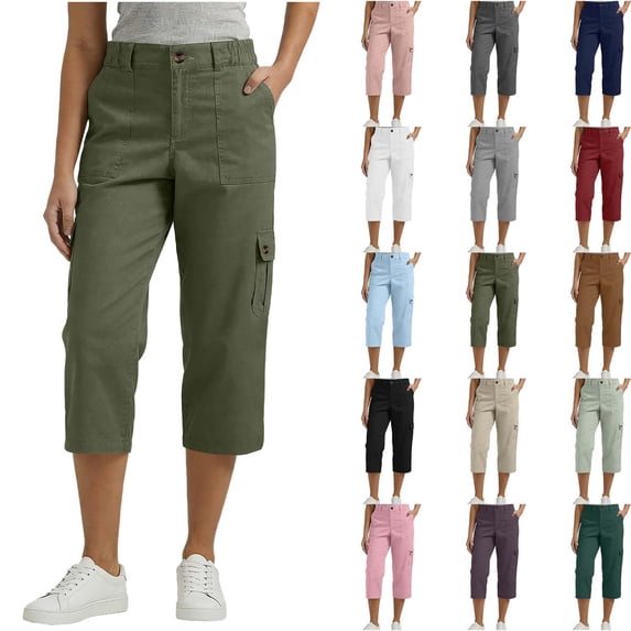 DYTTDG Women's Elastic Waist Cargo Capri Pants | Casual Solid Color Cropped Trousers with Multiple Pockets, Relaxed Fit Summer Pants