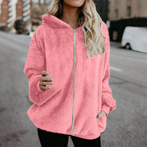 DYTTDG Women's Fall and Winter Plus Size Jacket Double Sided Fleece Zipper Solid Color Long Sleeve Hooded Jacket Warm Jacket with Pockets on Clearance Christmas Gift
