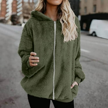 DYTTDG Women's Fall and Winter Plus Size Jacket Double Sided Fleece Zipper Solid Color Long Sleeve Hooded Jacket Warm Jacket with Pockets on Clearance Christmas Gift