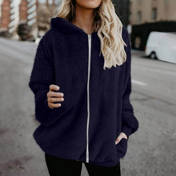 DYTTDG Women's Fall and Winter Plus Size Jacket Double Sided Fleece Zipper Solid Color Long Sleeve Hooded Jacket Warm Jacket with Pockets on Clearance Christmas Gift