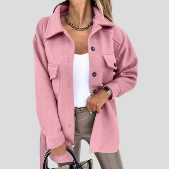 DYTTDG Women's Fashion Plus Size Lapel Button Coat Solid Color Long Sleeve Pocket Tweed Casual Jacket on Clearance Family Gifts