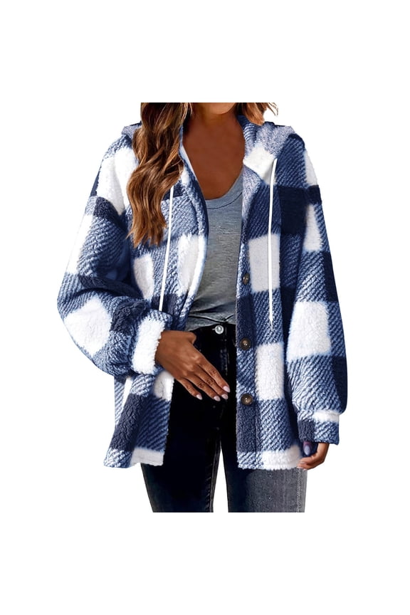 Women's Fashion Plus Size Plaid Drawstring Hooded Jacket Button Cardigan Winter Warm Outdoor Top Coat Jacket on Clearance End of Year Clearance