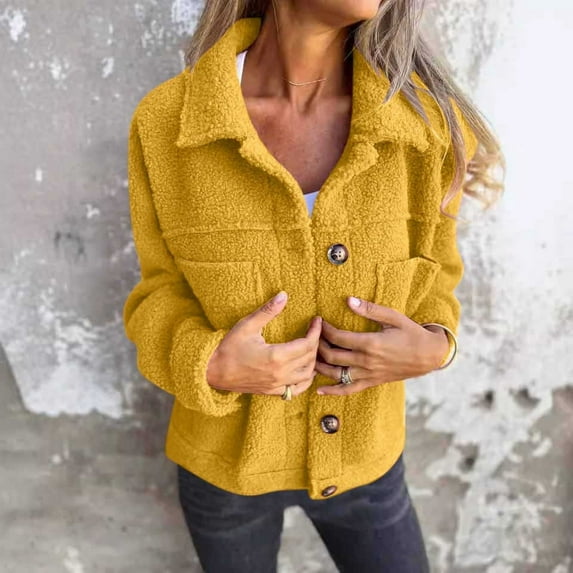 DYTTDG Women's Fashion Plus Size Plush Lapel Button Coat Solid Color Long Sleeve Pocket Tweed Casual Jacket on Clearance Family Gifts