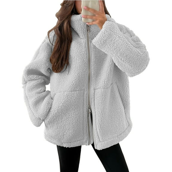 DYTTDG Women's Fashion Plush Jacket Solid Color Zip Up Coat Winter Warm Casual Jacket with Pockets on Clearance Family Gifts