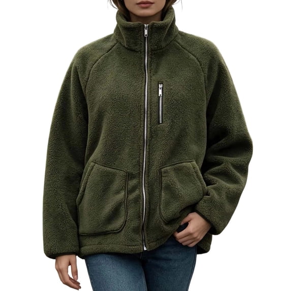 DYTTDG Women’s Fleece Zip-Up Jacket, Stand Collar Long Sleeve Sherpa Jacket with Chest Zipper Pocket & Front Patch Pockets, Casual Outerwear for Fall and Winter